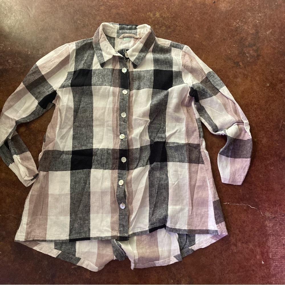 Soft Surroundings carreaux plaid ivory black zipper back shirt linen blend - Picture 2 of 7
